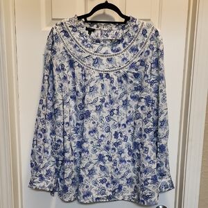 Talbots Blue and White Floral Blouse with Crochet Detail 3X
